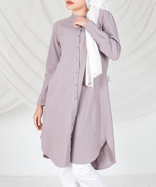 Garis Cotton Full-Button Tunic