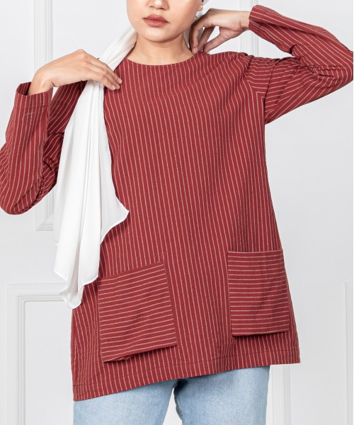 Garis Cotton Front-Pocket Top