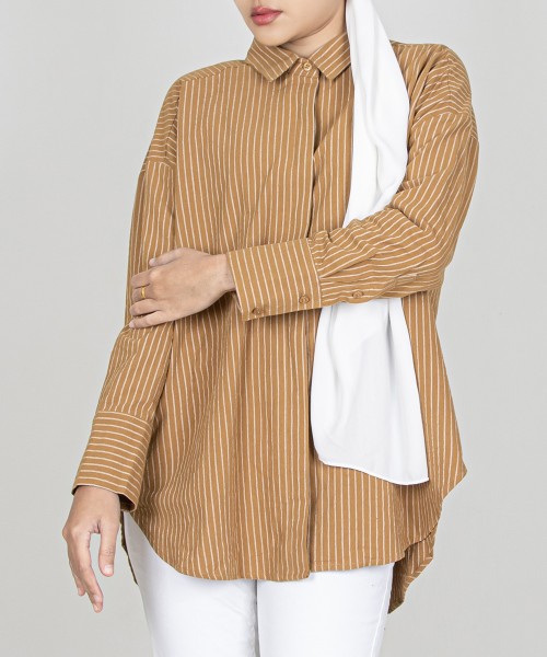 Garis Cotton Drop-Shoulder Button Top