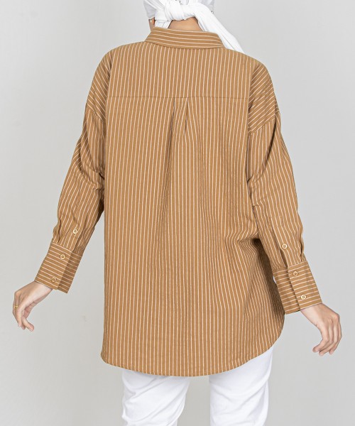 Garis Cotton Drop-Shoulder Button Top